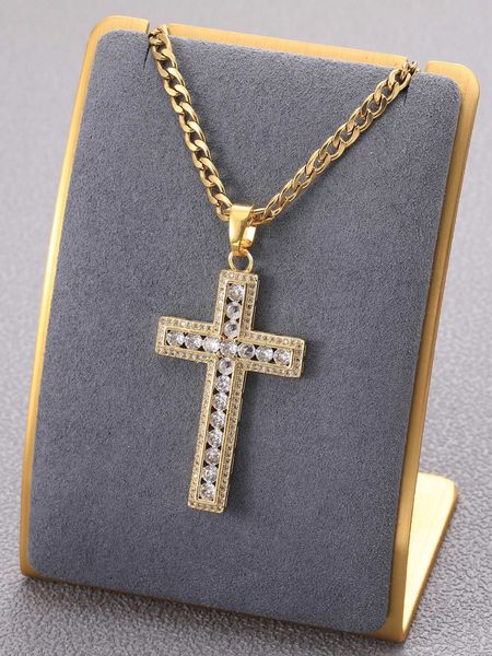 

men's accessories fashionable and popular men rhinestone cross pendant necklace stainless steel for jewelry gift and for a stylish look, Silver