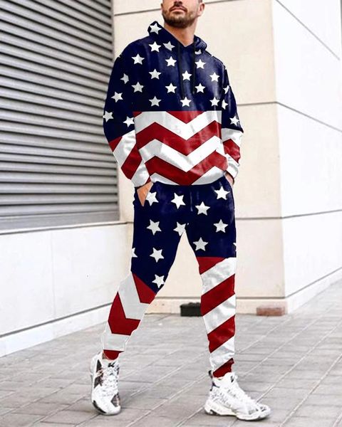 

men's tracksuits men's autumn hoodies set fashion 3d printed american flag trendy tracksuit sweatshirt sweatpants suit casual male, Gray
