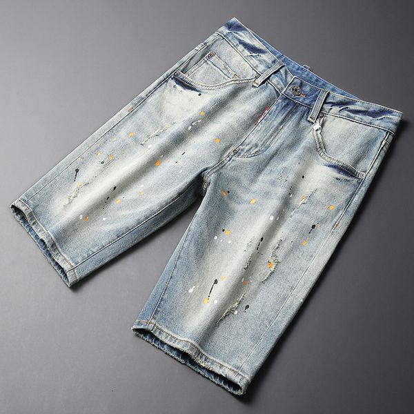 

men's jeans ly fashion designer men summer trends retro blue elastic painted ripped short hip hop vintage denim shorts 230724