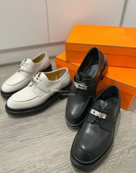 

black white first derby loafers shoes women calfskin leather palladium-plated sneaker kelly buckle chunky sole comfort oxford walking