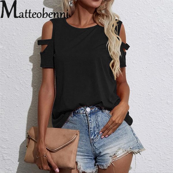 

womens tshirt summer off the shoulder short sleeve women loose round neck pullover ladies tees solid color casual streetwear 230724, White