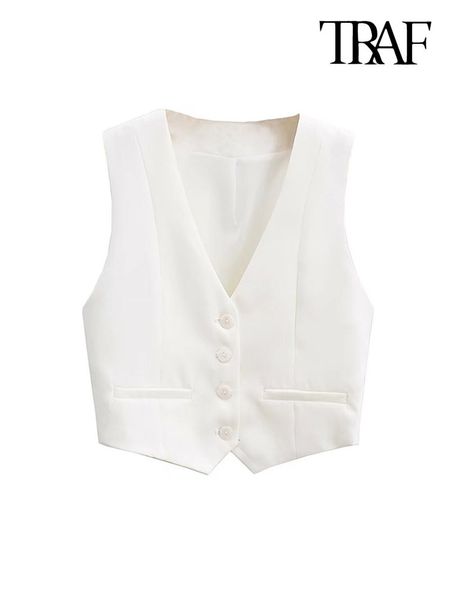 

women's tanks camis traf women fashion front buttons cropped waistcoat vintage v neck sleeveless female outerwear chic 230721, White