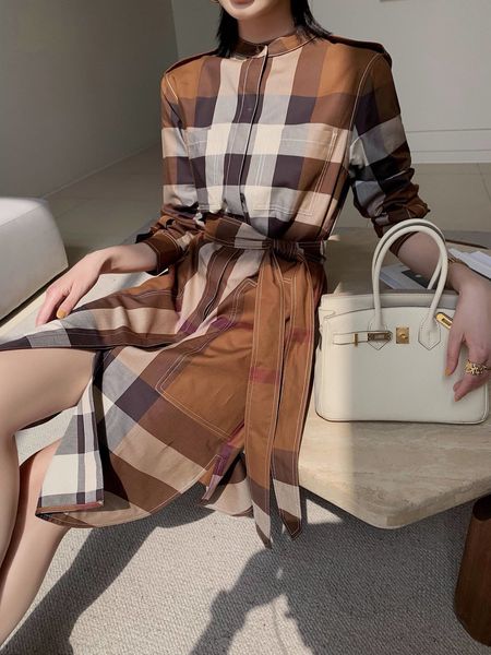 

high-quality women's plaid skirt poplin cotton dress summer new plaid skirt mid-length women's skirt stand collar, Black;gray
