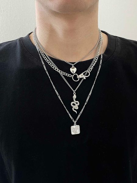 

men's accessories fashionable and popular 4pcs men heart snake charm necklace punk hip pop style alloy material for jewelry gift and fo, Silver