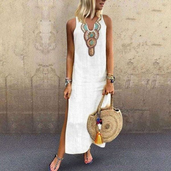 

summer selling style loose bohemian sleeveless v neck print dress for women, Black;gray