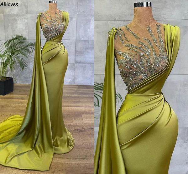 

olive green glossy silk satin prom dresses with wrap sparkle sequined long mermaid evening party gowns ruched sweep train women second recep, Black