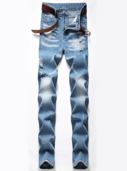 

mens plus size new fashion splash ink jeans light blue ripped trend pants streetwear joggers casual youthful clothing79209535206335