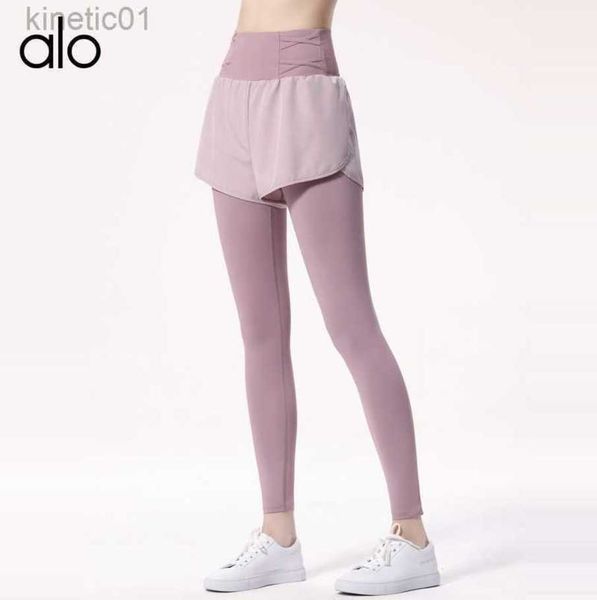 

2023 desginer alo yoga legging pants women's high waist hip lift fake two piece sports pants fitness pants tights fitness sports pants, Black