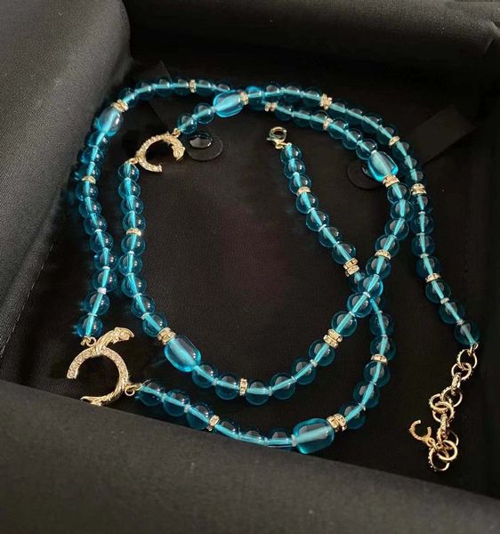 

2023 luxury quality charm long sweater chain pendant necklace with blue beads and sparkly diamond in 18k gold plated have box stamp ps7304b, Golden