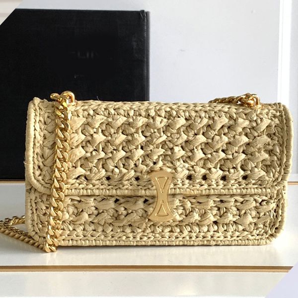 

woven chain handbag woven underarm bag women shoulder purse flap messenger bags hollowed out straw weaving metal hardware letters handbags
