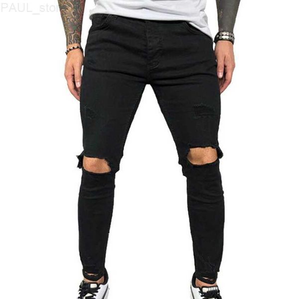 

men's mens fashion summer hole pencil pants jeans for black blue men clothing ropa de hombre 2020 streetwear l230724