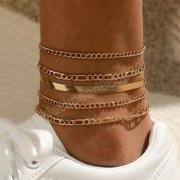 

5 pcs/set fashion anklets set for women gold color snake rope link leg chain basic chic lady girl jewelry, Red;blue