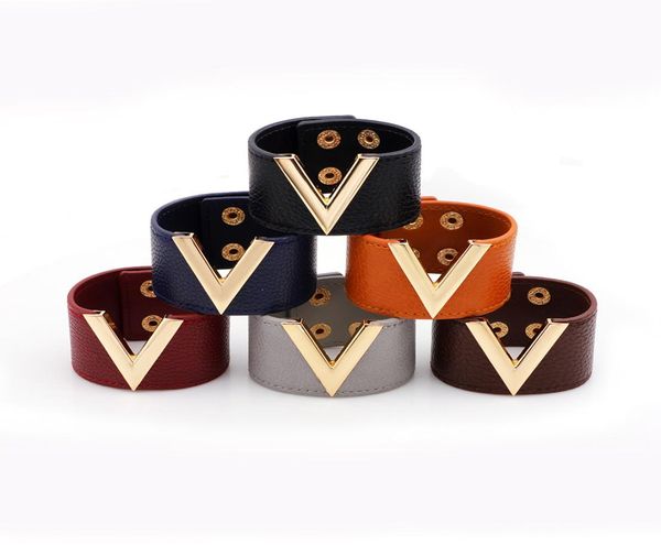 

wide genuine leather bracelets bangles women fashion designer metal v letter big wrap charm bracelet leopard lady hand cuff button8505591, Golden;silver