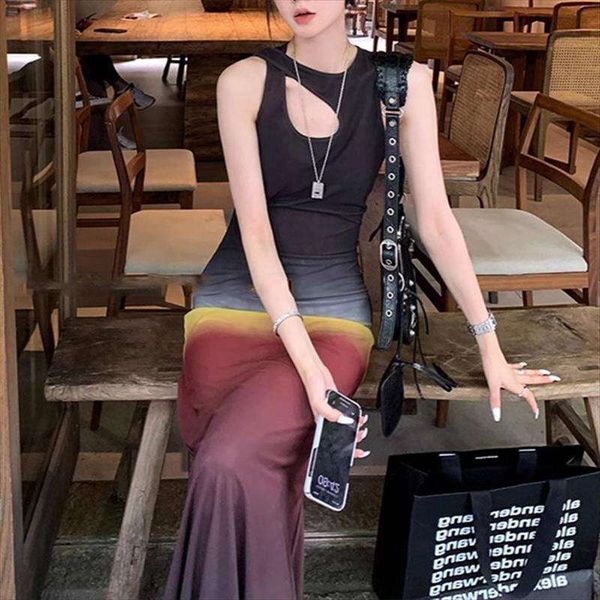 

sunset in lisboa irregular tank dress for women summer long with a slim waist, Black;gray