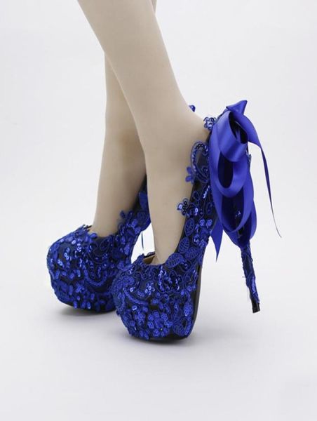 

blue color lace wedding shoes sequined glitter nightclub pumps beautiful satin bow women prom shoes party blue dress shoes3166537, Black