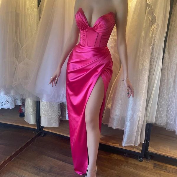 

2023 fuchsia charming women's evening dress 2023 v-neck exposed boning split ankle length prom formal party gowns robe de soiree vestid, Black;red