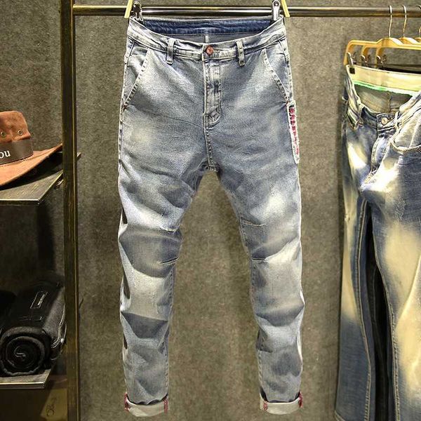 

men's jeans 2021 autumn gray embroidery jeans mens street retro straight elastic korean all-match simple long teenagers pencil pants l2, Blue