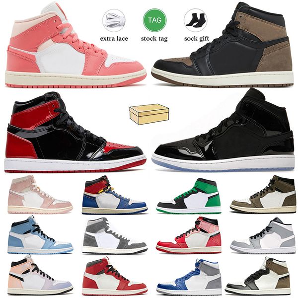 

mens womens jumpman 1 basketball shoes palomino patent bred dark mocha university blue royal reimagined lost and found trainers sneakers