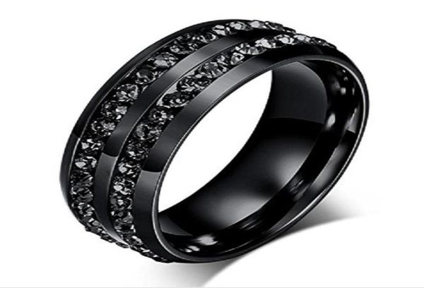 

2018 new fashion men039s ring black crystal ring titanium steel fulldrill double row circle diamond wedding ring5292163, Silver