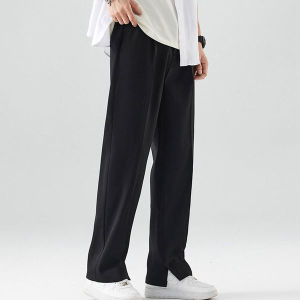 

mens pants summer casual men breathable light thin korean fashion semiwide banded waist slacks straight loose trousers 230724, Black