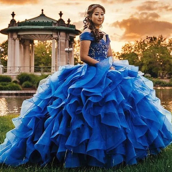 

off shoulder crystal beaded bodice corset organza layered quinceanera dresses ball gowns 2023 princess prom dresses, Blue;red