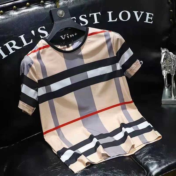 

summer new men's t-shirts ice silk short-sleeved plaid printing letter printing designer youth trend large size s-xxxl, Black;brown