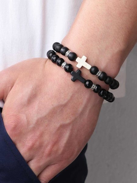 

men's accessories 2pcs/set men cross decor beaded bracelet for jewelry gift and party, Silver