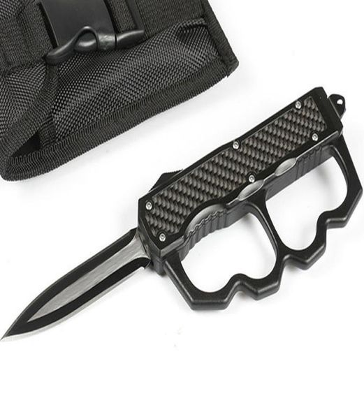 

offer special knuckle duster auto tactical knife 440c double edge black blade alloy carbon fiber handle outdoor survival knives4822458