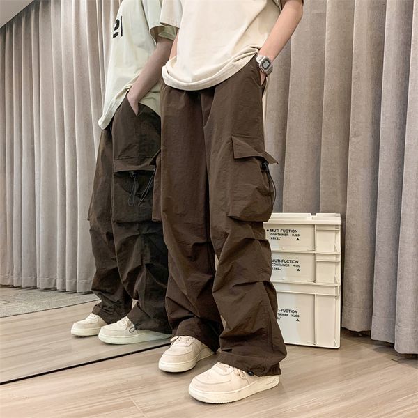 

mens pants men casual cargo streetwear big pocket baggy mopping trousers harajuku hip hop loose women wide leg overalls 230724, Black