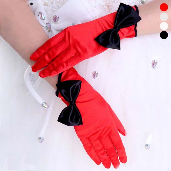 

women satin solid color short wedding gloves big bowknot oblique cuffs full fingered mittens formal party costume, White