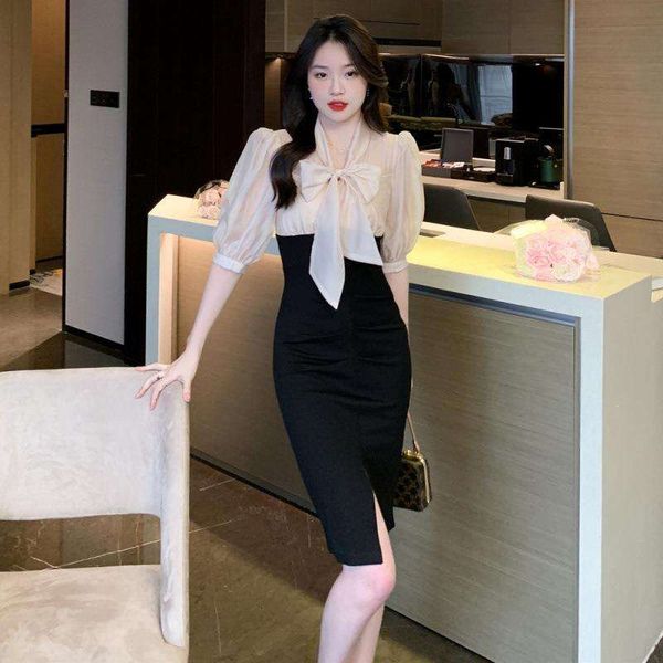 

dress for summer women womens style ladies elegant gauze splicing bowknot butt mid, Black;gray
