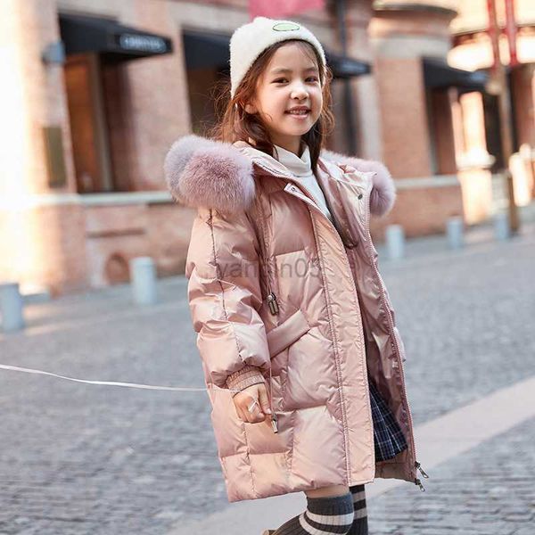 

down coat girls med-length down jacket winter thick warm hooded coat fashion new children's clothing snowsuit with large fur collar 4-1, Blue;gray