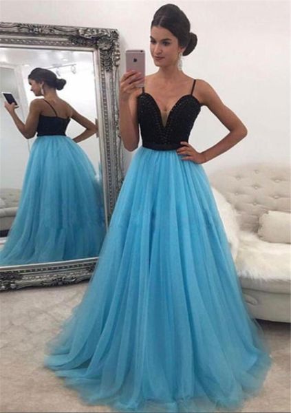 

spaghetti straps aline prom dresses black and blue crystals belt evening dress gowns special occasion dresses3454885