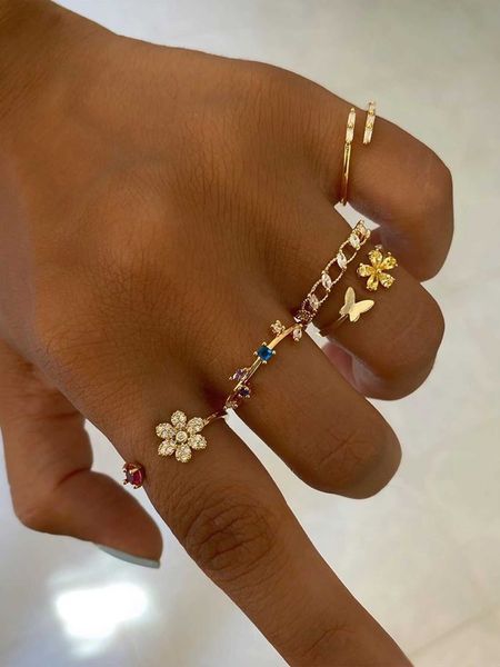 

women's accessories 5pcs rhinestone flower butterfly decor ring, Silver