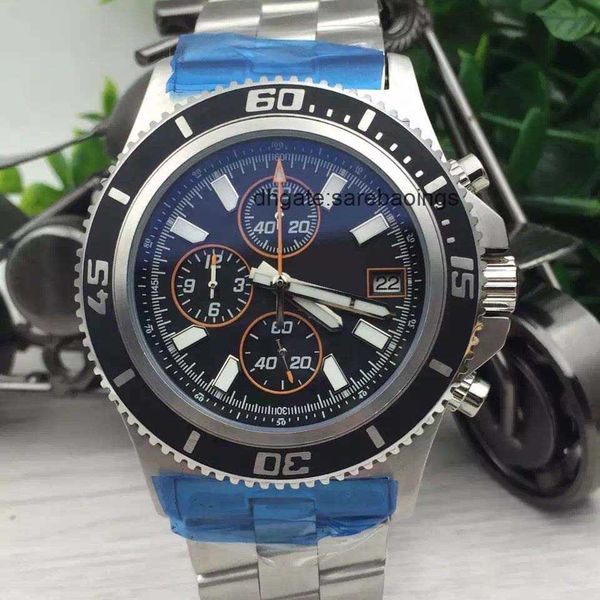 

old brand new arrival quartz chronograph men's wristwatch superocean a17384 black dial number bezel platinum skeleton stainless male wa, Slivery;golden