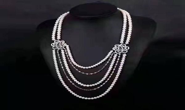 

handmade 5strands white freshwater cultured pearl micro inlay zircon rose accessories sweater necklace long 4552 cm4748716, Silver