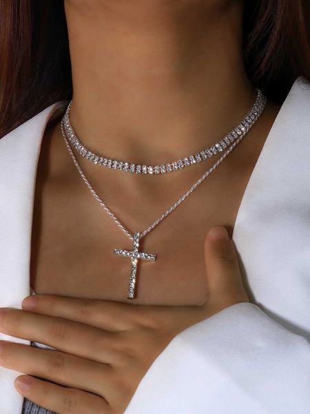 

women's accessories 2pcs rhinestone cross charm necklace copper jewelry, Silver