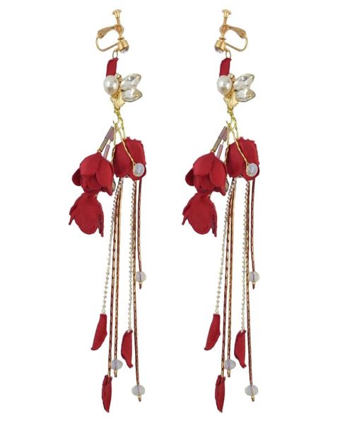 

fashion tassels alloy red cloth flower crystal faux pearl statement drop dangle earrings clip women039s engagement gift8957180, Silver