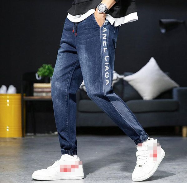 

men jeans casual ankle length slim denim pants jeans solid strip letter joggers pencil pants high street denim trousers7448479, Blue