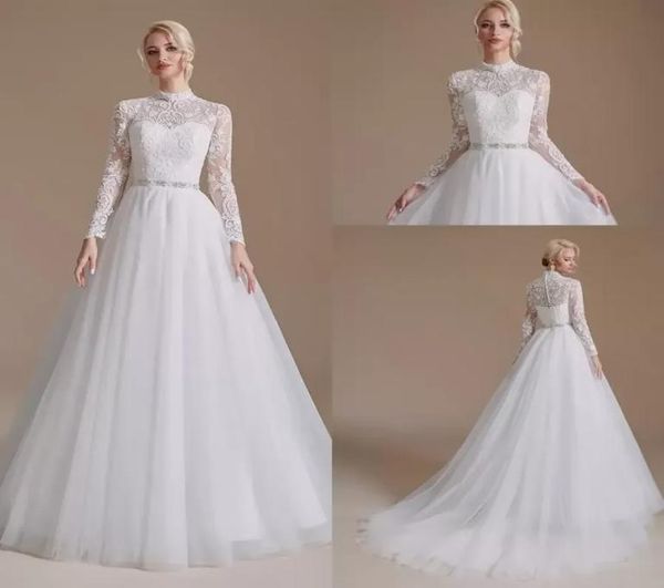 

2022 high neck long sleeves lace aline wedding dresses vintage tulle applique beaded sash court train bridal gowns with butto1406163, White