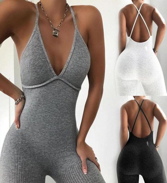 

women039s jumpsuits rompers strap v neck ribbed knitted playsuit women solid backless bodycon fitness clothes summer ski2293952, Black;white