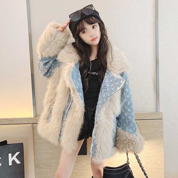 

down coat winter fur coat for girls denim patchwork fashion thick warm loose teenage kids jackets streetwear casual outerwear 12 13 years hk, Blue;gray