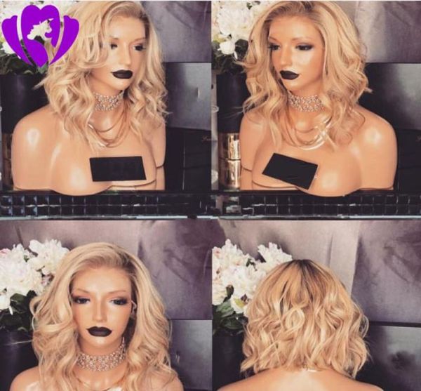 

side part brown roots synthetic ombre blonde bob lace front wigs 14 inch short wavy wig heat resistant fiber for women hair1242852, Black