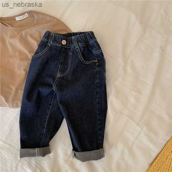 

autumn korean style children solid color loose jeans 17 years boys girls fashion brief casual denim pants l230518, Blue