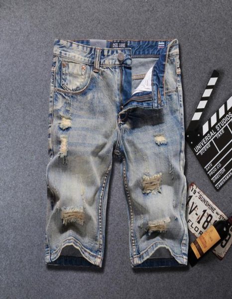 

summer fashion men039s jeans shorts retro vintage designer destroyed short ripped jeans homme hip hop cotton denim shorts men3742141, Blue