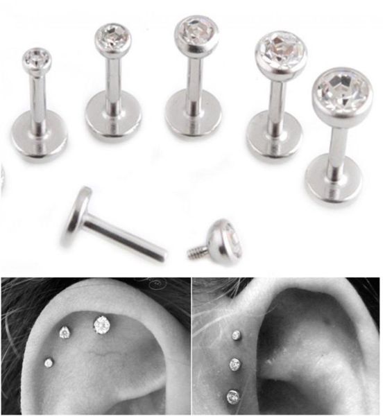

gem lip stud cartilage helix tragus clear crystal ear labret piercing earring bar internally threaded 16g diamond lip ring lot sur7491796, Black