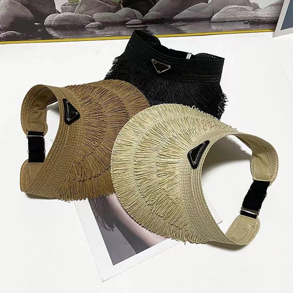 

designer sun visors for women summer ladies fashion brand letter p triangle sun protection so empty hat straw cotton casual grass braid 3col, Blue;gray
