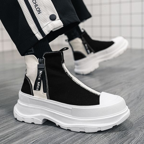 

boots autumn men casual sneakers canvas chunky platform ankle boots high-cut zip patchwork sneakers male breathable sport shoes 39-44 230724, Black