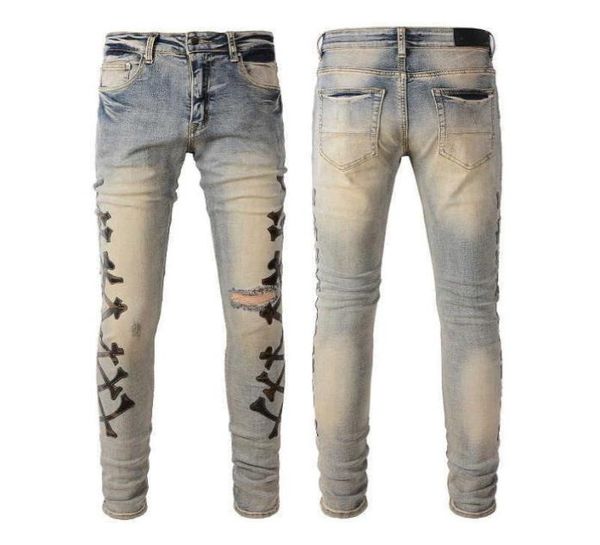 

fashion ripped y2k mens designer brand blue broken elastic feet skin bones jeans 871 skinny low waist scratch cross mid purple blu2802966