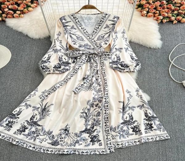 

casual dresses spring autumn print slim lady full dress a line v neck puff sleeve chiffon pullover women6192280, Black;gray